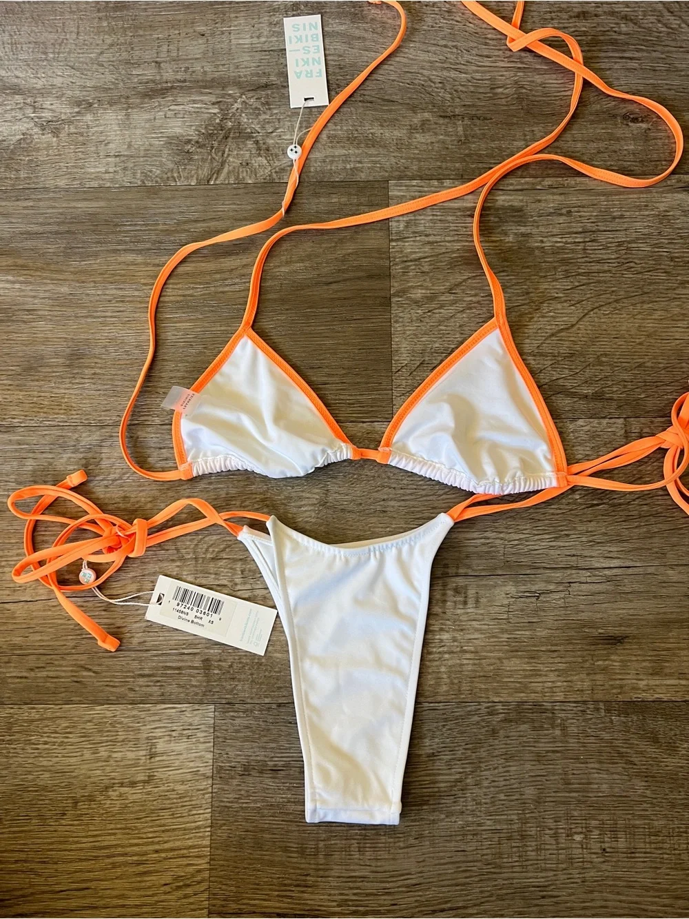 Frankie’s Bikinis Nick Top and Divine Bottom in Sherbet Orange and White